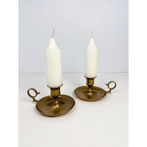 Vintage brass candlestick holders set with handle - set of 2, including candles